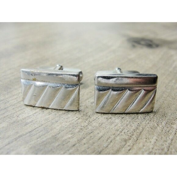 Rectangle Cufflinks Silver Tone Diagonal Patterned Tux Shirt Dress Suit Vintage - Picture 2 of 7
